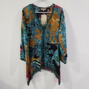 Boho Womens Top Size Large Floral Flare Sleeve Colorful Fringe Indie Hippie